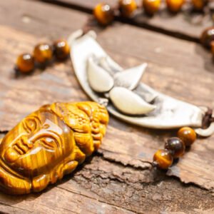Collier long 108 perles Mala EQUILIBRE EMOTIONNEL / oeil de tigre, quartz, bouddha argent massif, fait main en France | yoga, méditation