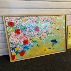 tableau art contemporain pivoine oiseau or